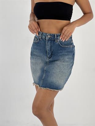 Kadın Yüksek Bel Püsküllü Kot Etek