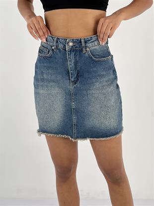 Kadın Yüksek Bel Püsküllü Kot Etek