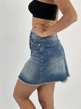 Kadın Yüksek Bel Püsküllü Kot Etek