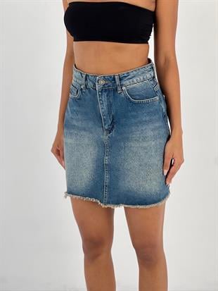 Kadın Yüksek Bel Püsküllü Kot Etek