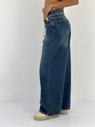 Kadın Zincir ve Yıldız Detaylı Bol Paça Jean Pantolon