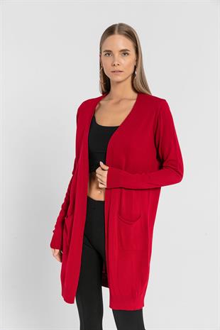 Kırmızı Cepli Kadın Basic Uzun Triko Hırka