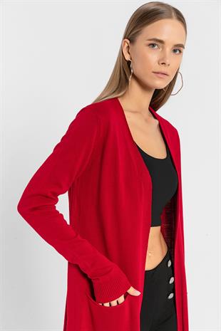 Kırmızı Cepli Kadın Basic Uzun Triko Hırka