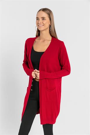 Kırmızı Cepli Kadın Basic Uzun Triko Hırka