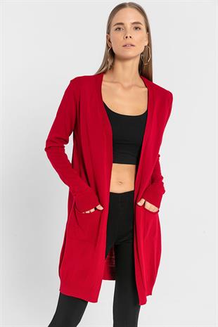 Kırmızı Cepli Kadın Basic Uzun Triko Hırka