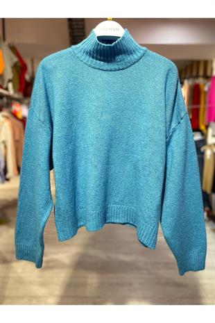 Kadın Boğazlı Balıkçı Yaka Oversize Uzun Lila Triko Kazak