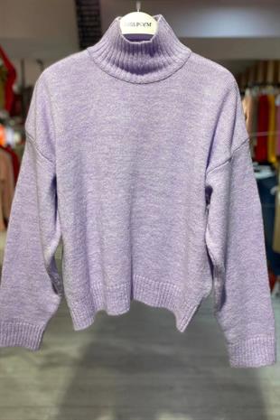 Kadın Boğazlı Balıkçı Yaka Oversize Uzun Lila Triko Kazak