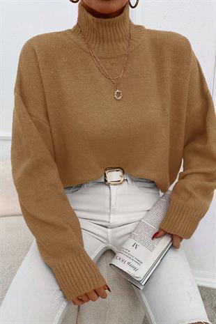 Kadın Boğazlı Balıkçı Yaka Oversize Uzun Lila Triko Kazak