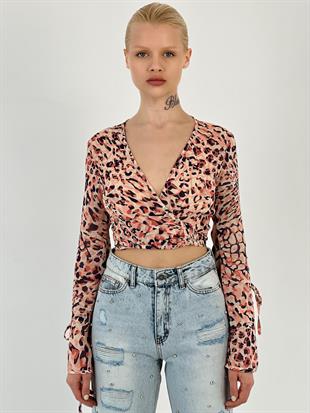 Leopar Desenli Bağlamalı Kadın Mavi Gömlek