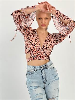 Leopar Desenli Bağlamalı Kadın Mavi Gömlek