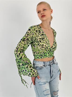 Leopar Desenli Bağlamalı Kadın Yeşil Gömlek