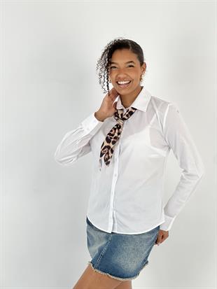 Leopar Fular Detaylı Beyaz Gömlek