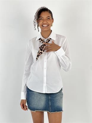 Leopar Fular Detaylı Beyaz Gömlek