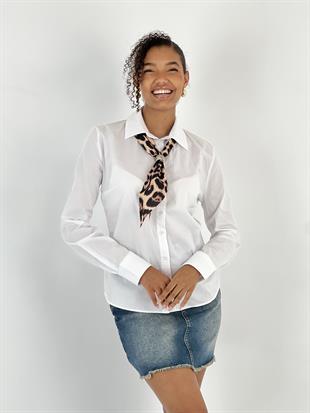 Leopar Fular Detaylı Beyaz Gömlek