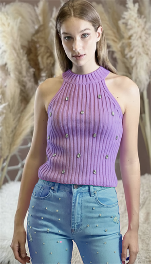 Lila Bisiklet Yaka Önü Taşlı Basic Kadın Kolsuz Triko Kazak