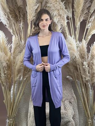 Lila Cepli Uzun Kadın Basic Hırka