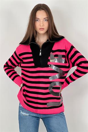 Kadın Uzun Oversize Baskılı Kışlık Pembe Triko Kazak