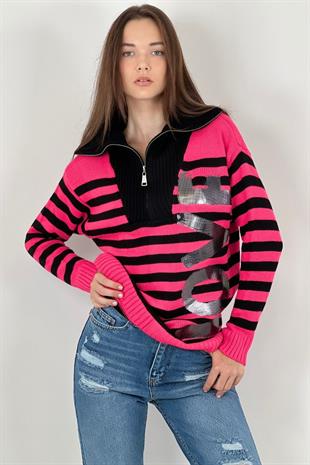 Kadın Uzun Oversize Baskılı Kışlık Pembe Triko Kazak