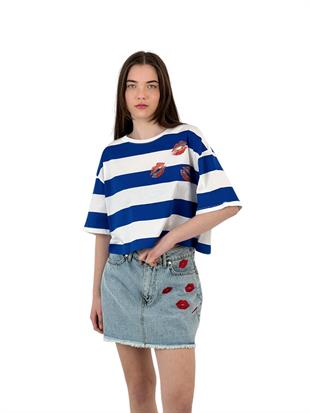 Mavi Beyaz Çizgili Oversize Tişört - Dudak Baskı Detaylı