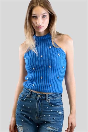 Mavi Bisiklet Yaka Önü Taşlı Basic Kadın Kolsuz Triko Kazak