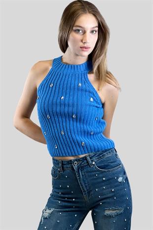 Mavi Bisiklet Yaka Önü Taşlı Basic Kadın Kolsuz Triko Kazak