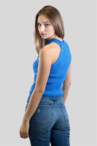 Mavi Bisiklet Yaka Önü Taşlı Basic Kadın Kolsuz Triko Kazak