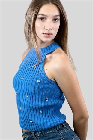 Mavi Bisiklet Yaka Önü Taşlı Basic Kadın Kolsuz Triko Kazak