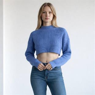Mavi Kadın Boğazlı Fitilli Crop Triko Kazak