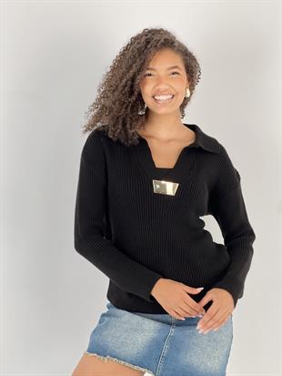 Metal Detaylı V Yaka Uzun Kollu Siyah Kadın Triko Kazak