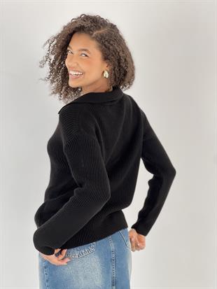 Metal Detaylı V Yaka Uzun Kollu Siyah Kadın Triko Kazak