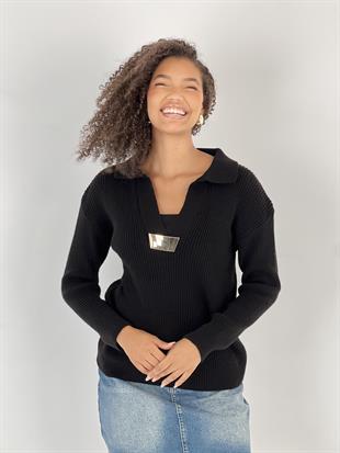 Metal Detaylı V Yaka Uzun Kollu Siyah Kadın Triko Kazak