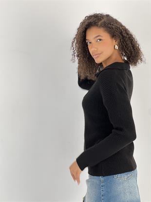 Metal Detaylı V Yaka Uzun Kollu Siyah Kadın Triko Kazak