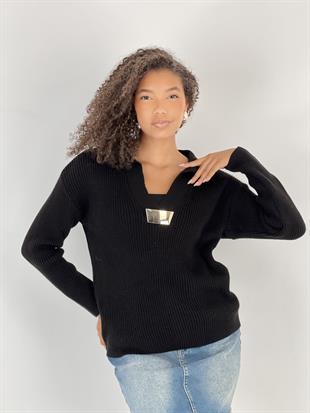 Metal Detaylı V Yaka Uzun Kollu Siyah Kadın Triko Kazak