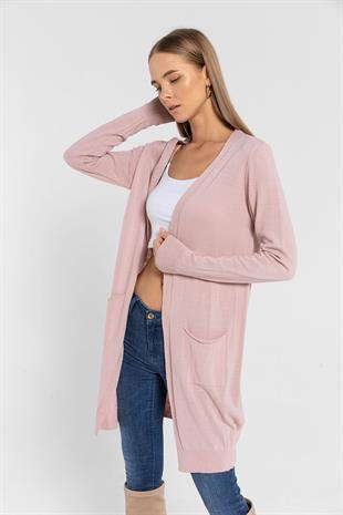 Pudra Cepli Kadın Basic Uzun Triko Hırka