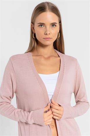 Pudra Cepli Kadın Basic Uzun Triko Hırka