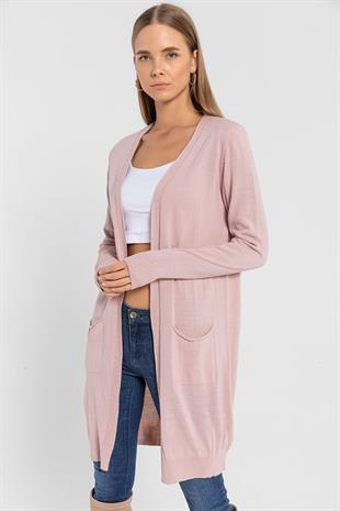 Pudra Cepli Kadın Basic Uzun Triko Hırka