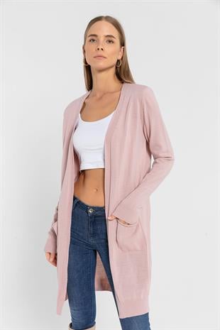 Pudra Cepli Kadın Basic Uzun Triko Hırka