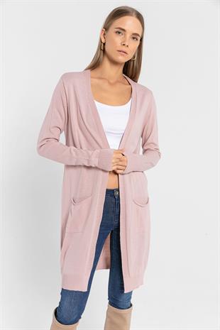 Pudra Cepli Kadın Basic Uzun Triko Hırka