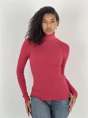 Reglan kollu fitilli boğazlı Fuşya Triko kazak