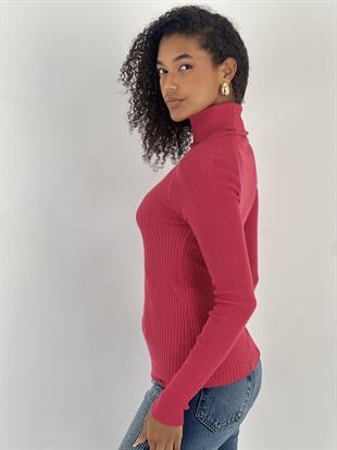 Reglan kollu fitilli boğazlı Fuşya Triko kazak