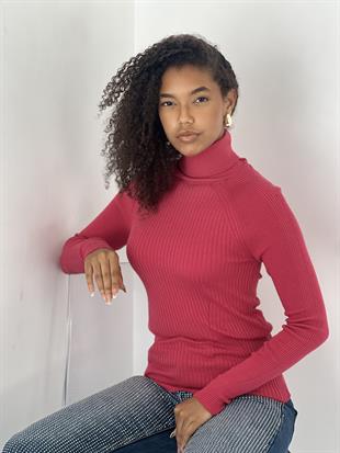 Reglan kollu fitilli boğazlı Fuşya Triko kazak