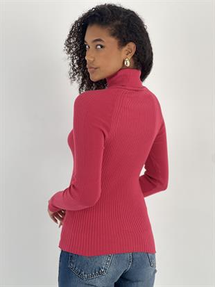 Reglan kollu fitilli boğazlı Fuşya Triko kazak