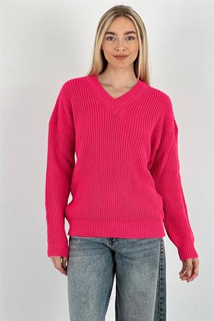 Selanik Örgü V Yaka Kalın Basic Kadın Triko Kazak
