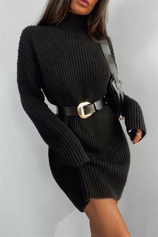 Siyah Balıkçı Yaka Selanik Örgü Kadın Triko Elbise 