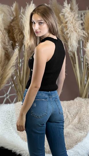 Siyah Bisiklet Yaka Önü Taşlı Basic Kadın Kolsuz Triko Kazak