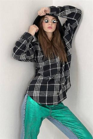 Siyah Ekose Desenli Kapüşonlu Kadın Gömlek