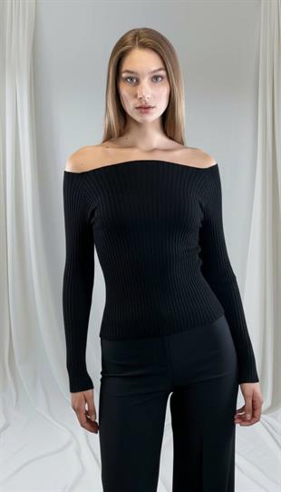 Siyah Fitilli Kayık Yaka Basic Kadın Triko Kazak