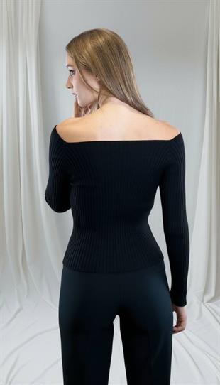 Siyah Fitilli Kayık Yaka Basic Kadın Triko Kazak