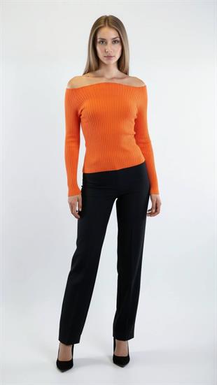Turuncu Fitilli Kayık Yaka Basic Kadın Triko Kazak