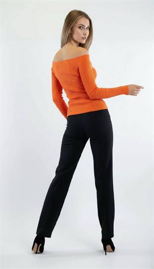 Turuncu Fitilli Kayık Yaka Basic Kadın Triko Kazak